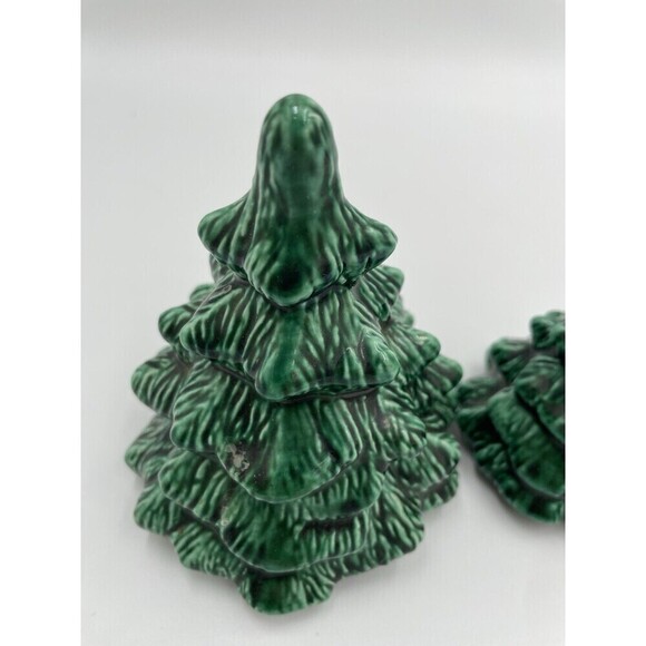 Handmade Vintage Green Ceramic Mini Christmas Tree Set of 2 Signed 1980’s - Picture 4 of 6